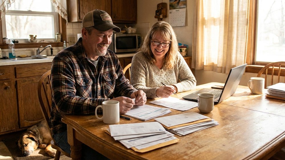 A truck driver and his wife reviewing their finances at the kitchen table