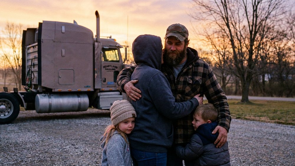 A truck driver hugging his wife and children goodbye by his truck at dawn