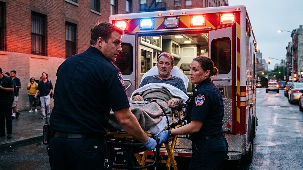 Paramedics loading a man into an ambulance